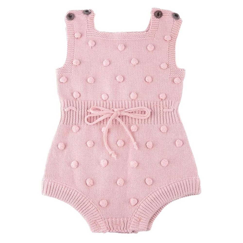 Baby Girl Polka Dot Knit Sleeveless Boho One Piece Romper in Blush Pink